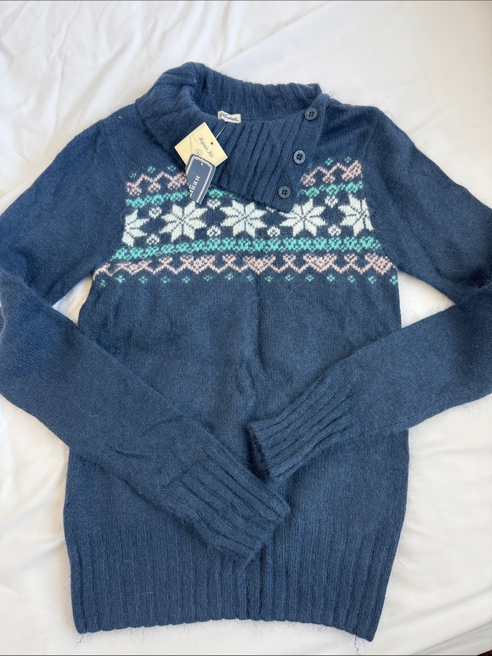 Navy Fair Isle Knit Sweater with Buttoned Shoulder